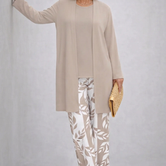 Beige long tunic with round neck and leaf-print pants