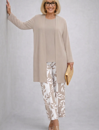 Beige long tunic with round neck and leaf-print pants