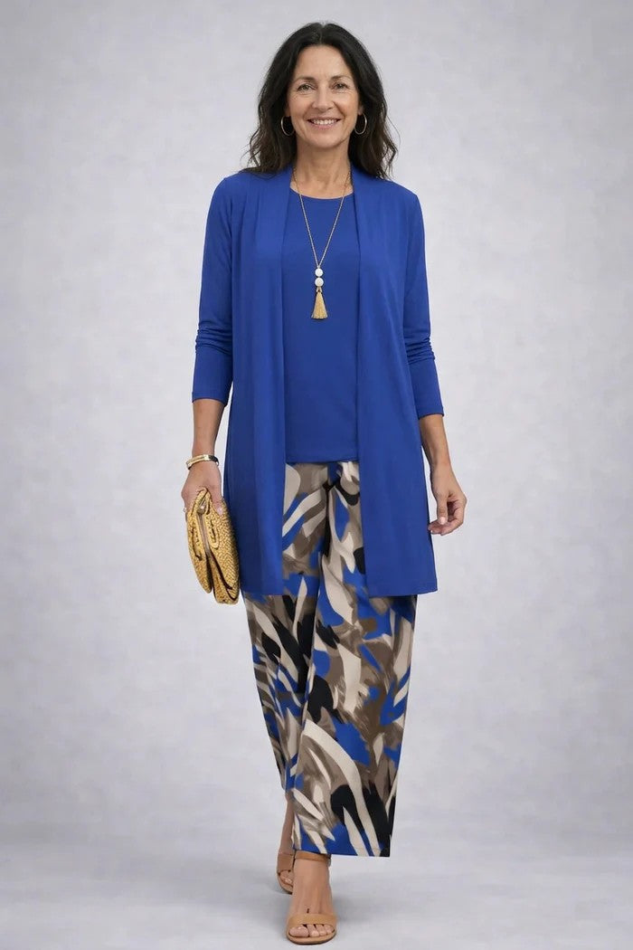 Blue 3-piece set with long cardigan, patterned midi skirt, and necklace