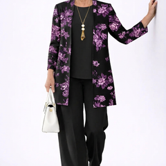 Black floral 3/4-sleeve cardigan with black trousers, three-piece set