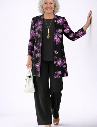 Black floral 3/4-sleeve cardigan with black trousers, three-piece set