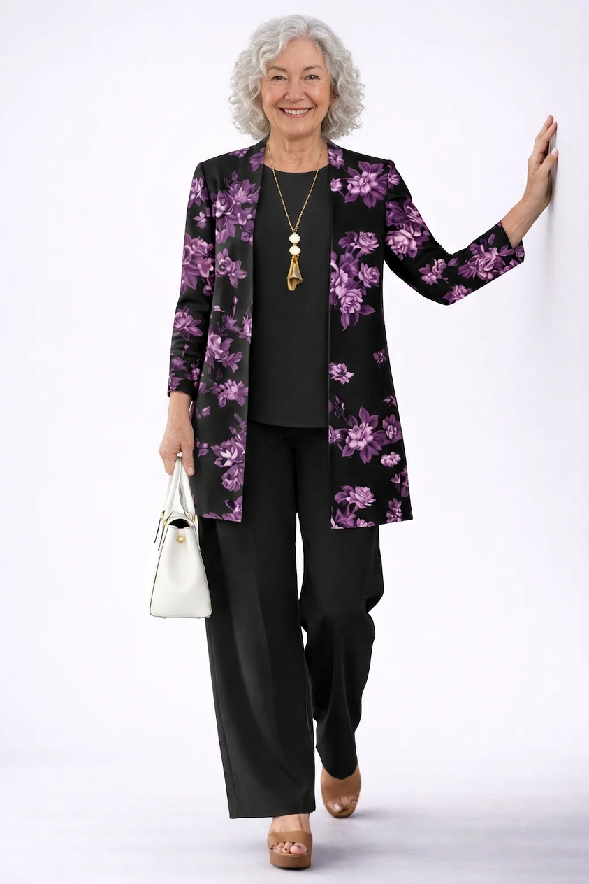 Black floral 3/4-sleeve cardigan with black trousers, three-piece set