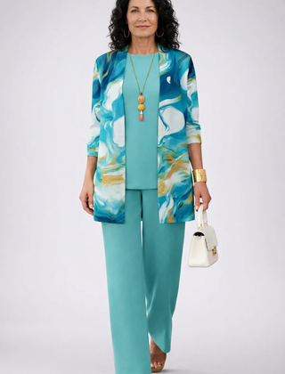 Women’s teal 3-piece set with blue abstract jacket and matching long-sleeve pants