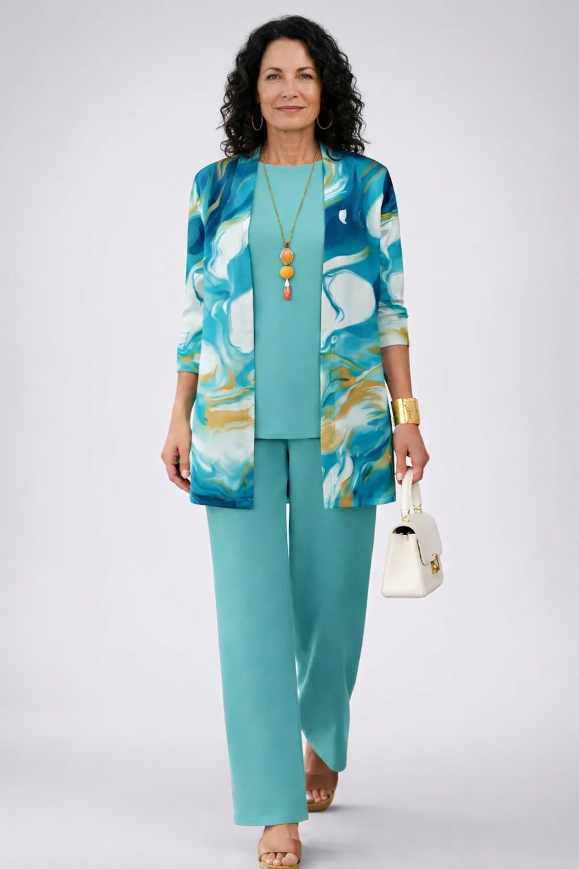 Women’s teal 3-piece set with blue abstract jacket and matching long-sleeve pants