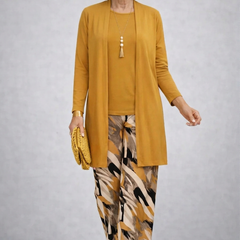 Women's yellow long tunic and printed wide-leg pants 3-piece set