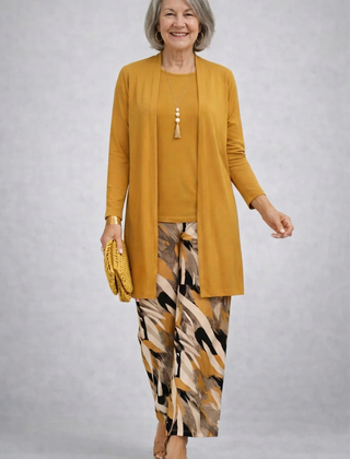 Women's yellow long tunic and printed wide-leg pants 3-piece set