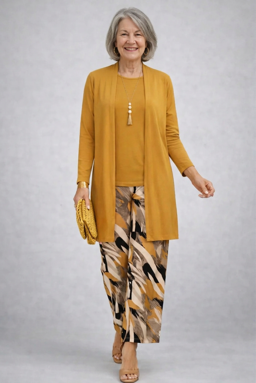 Women's yellow long tunic and printed wide-leg pants 3-piece set
