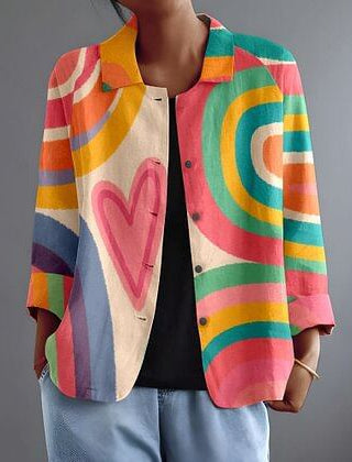 Multicolour painted arc blouse with open front, collar, and button placket