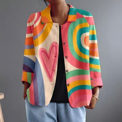 Multicolour painted arc blouse with open front, collar, and button placket