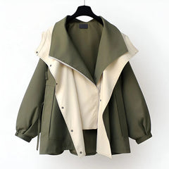 Green and beige windbreaker jacket with snap-front and contrast asym panels