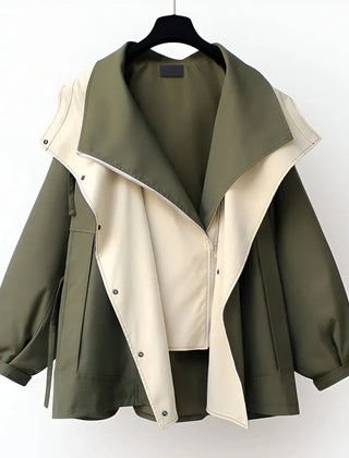 Green and beige windbreaker jacket with snap-front and contrast asym panels