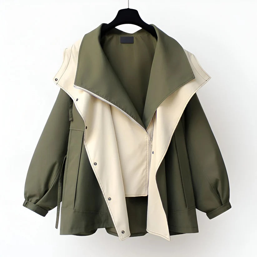 Green and beige windbreaker jacket with snap-front and contrast asym panels