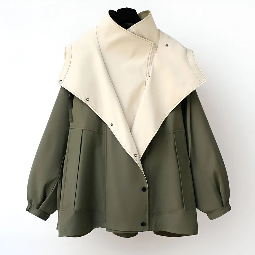 Beige and olive windbreaker jacket with snap-front and contrast front panel