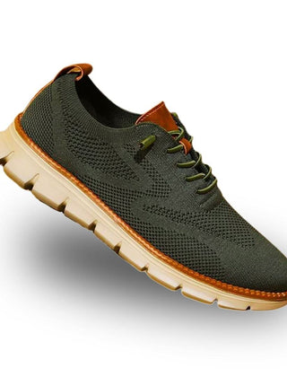 Olive green knit lace-up walker shoes with tan collar and light tread sole