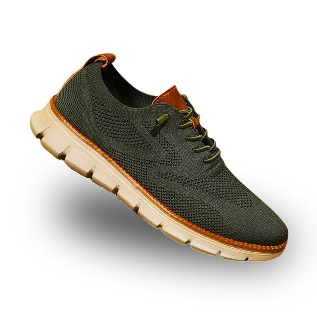 Olive green knit lace-up walker shoes with tan collar and light tread sole