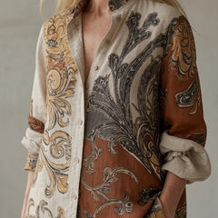 Paisley print button-up tunic with long sleeves and collar detail, brown and beige
