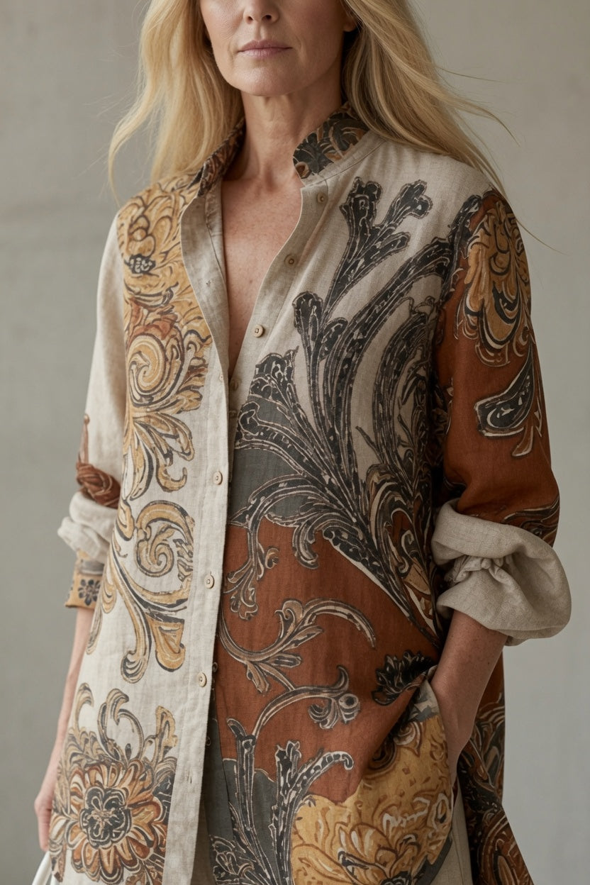 Paisley print button-up tunic with long sleeves and collar detail, brown and beige