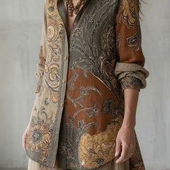 Long-sleeve paisley button-up tunic with curved hem, beige trim and dark brown print
