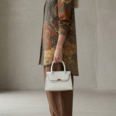Paisley button-up tunic with three-quarter sleeves over drawstring pants, brown and beige