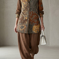 Vintage paisley button-up tunic set with drawstring joggers, dark brown and warm beige