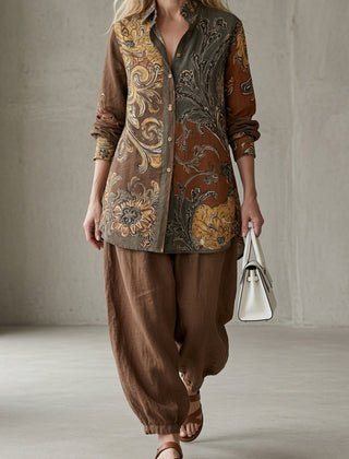 Vintage paisley button-up tunic set with drawstring joggers, dark brown and warm beige