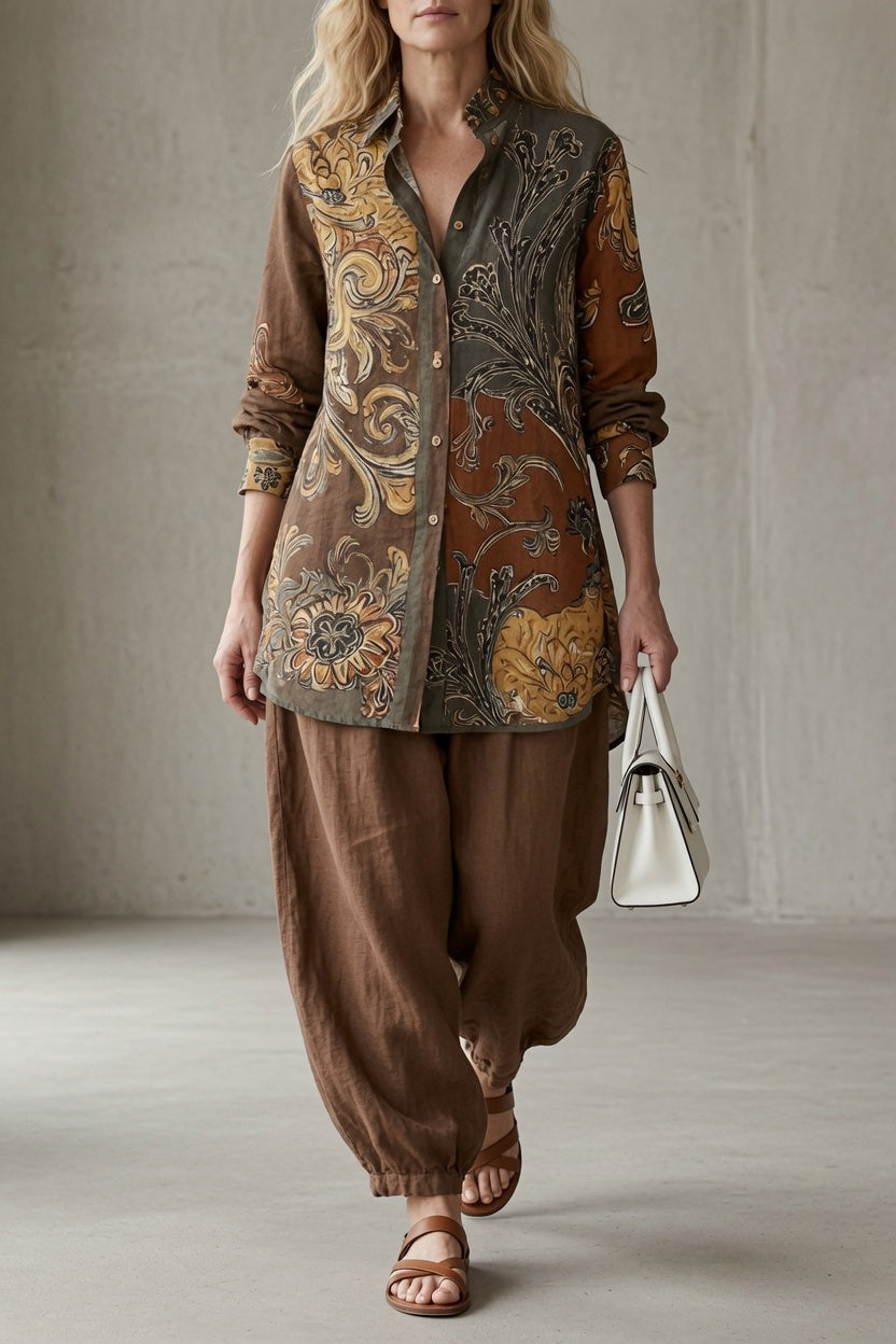 Vintage paisley button-up tunic set with drawstring joggers, dark brown and warm beige