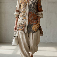 Vintage paisley button-up tunic set with drawstring jogger pants, beige and brown