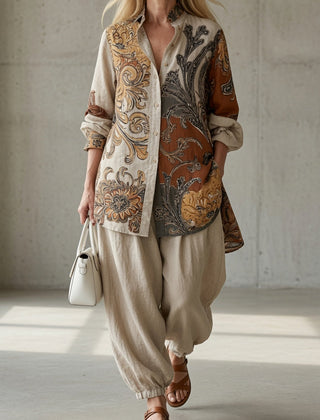 Vintage paisley button-up tunic set with drawstring jogger pants, beige and brown