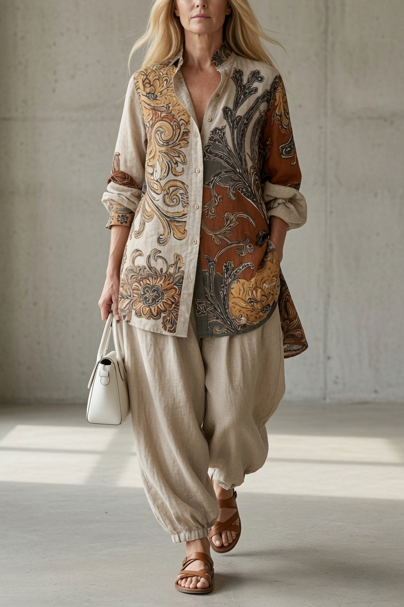 Vintage paisley button-up tunic set with drawstring jogger pants, beige and brown