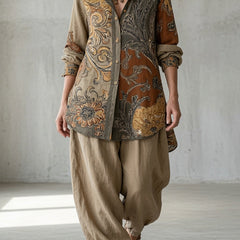Paisley button-up tunic set with beige drawstring jogger pants, brown and gold tones