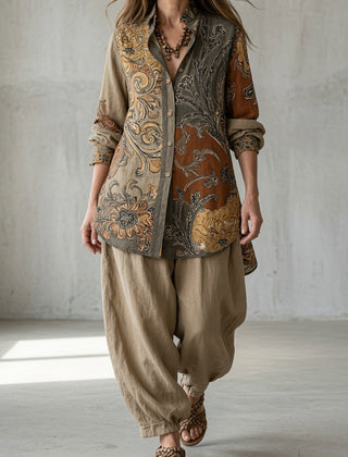 Paisley button-up tunic set with beige drawstring jogger pants, brown and gold tones