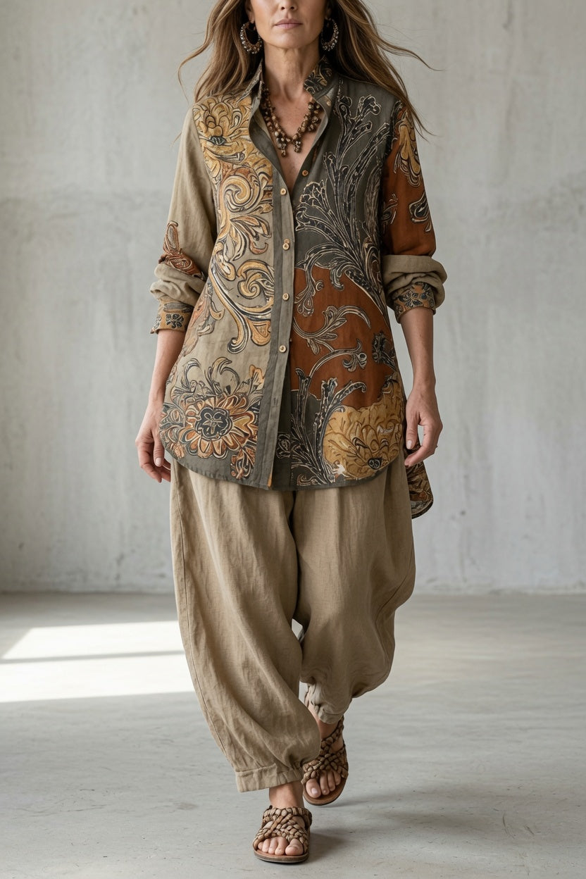 Paisley button-up tunic set with beige drawstring jogger pants, brown and gold tones