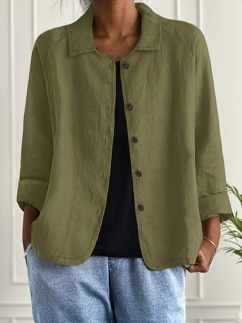 Olive everyday blouse with button-front placket, collared neckline, and long sleeves