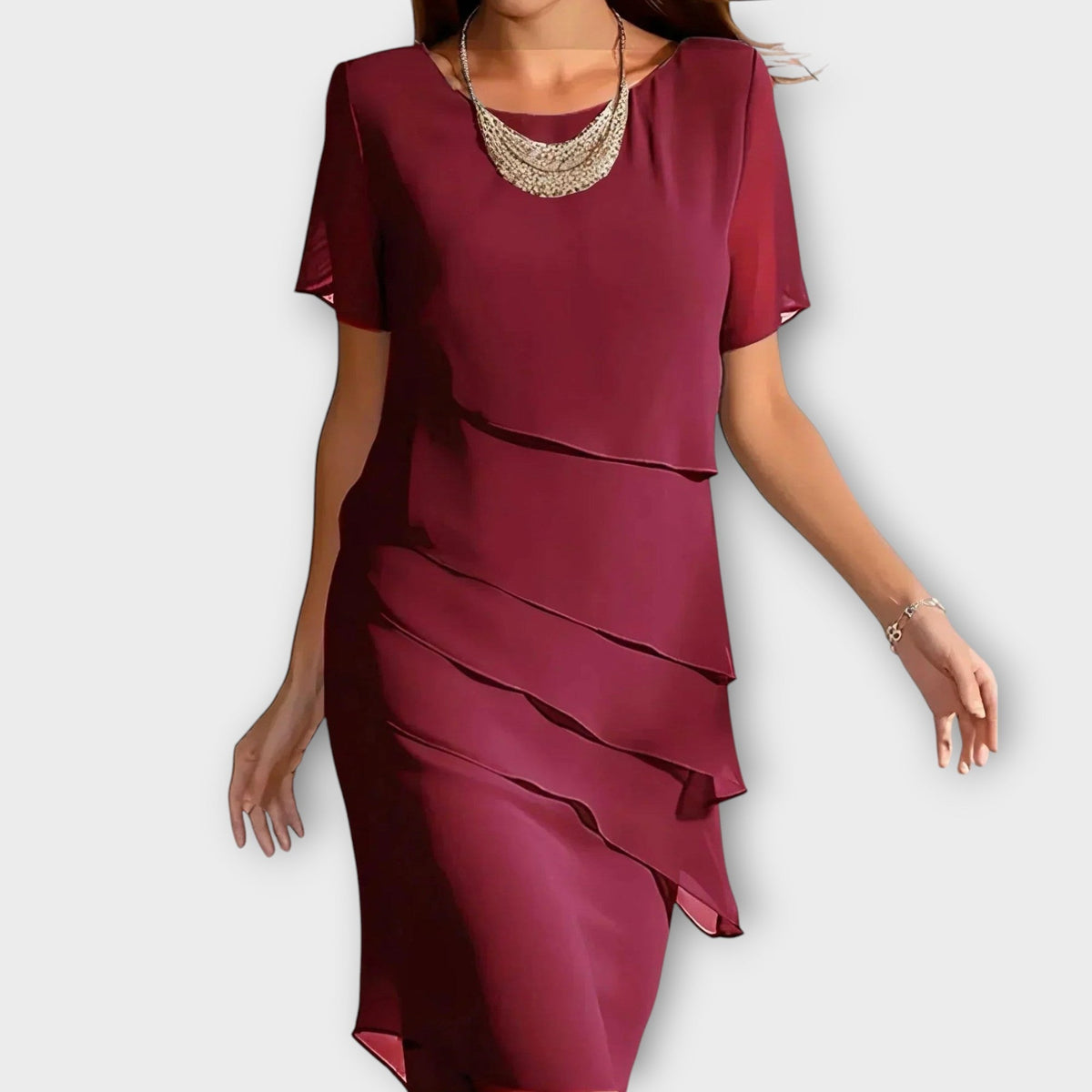 Red tummy-concealing dress with short sleeves, draped layered front and midi length.