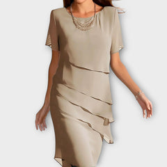 Beige tummy-concealing dress with short sleeves, draped layered front and midi length.