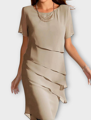 Beige tummy-concealing dress with short sleeves, draped layered front and midi length.