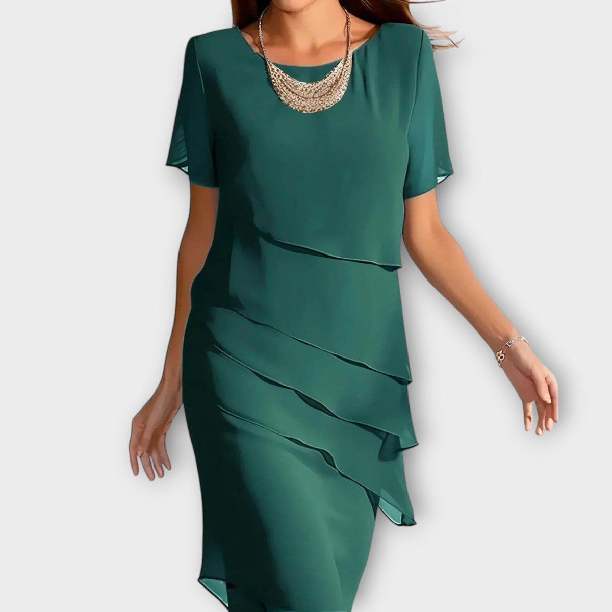 Green tummy-concealing dress with short sleeves, draped layered front and midi length.