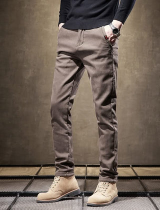 Khaki slim-fit pants with zipper fly and slim legs