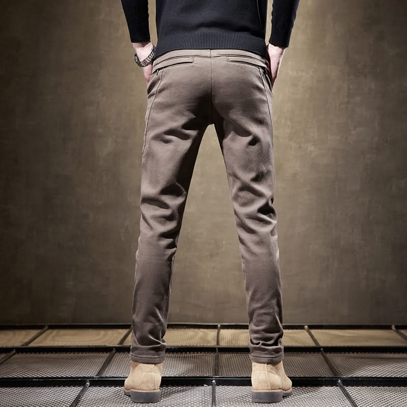 Khaki slim-fit pants back view with rear seam