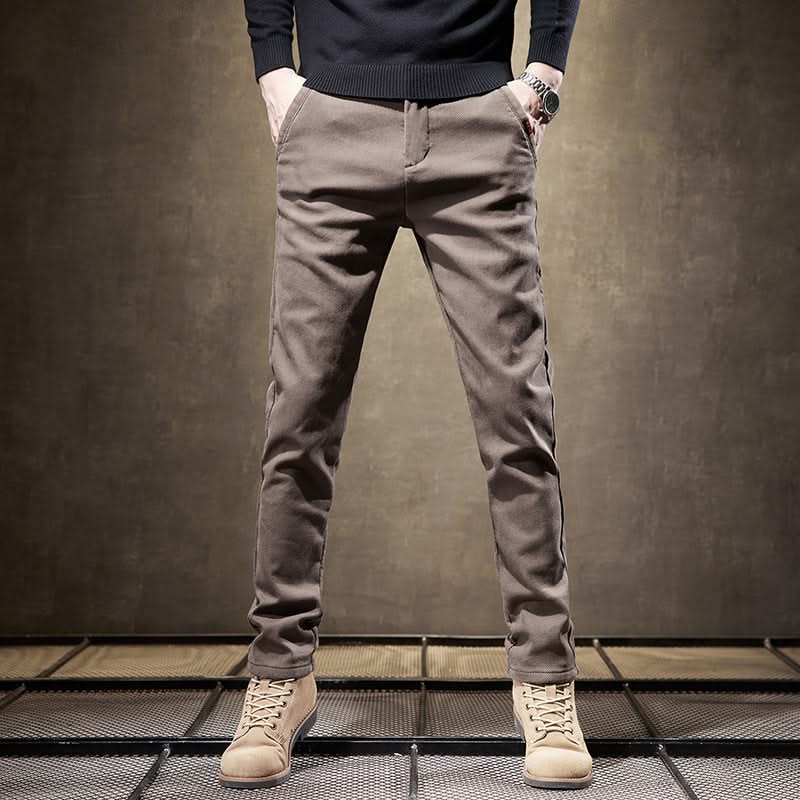 Khaki slim-fit pants front view with side pockets