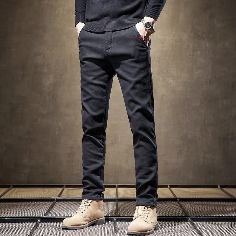 Black slim-fit pants full length with zipper fly and tapered legs