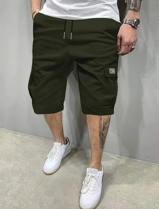 Army green utility shorts with drawstring waist and side cargo pockets