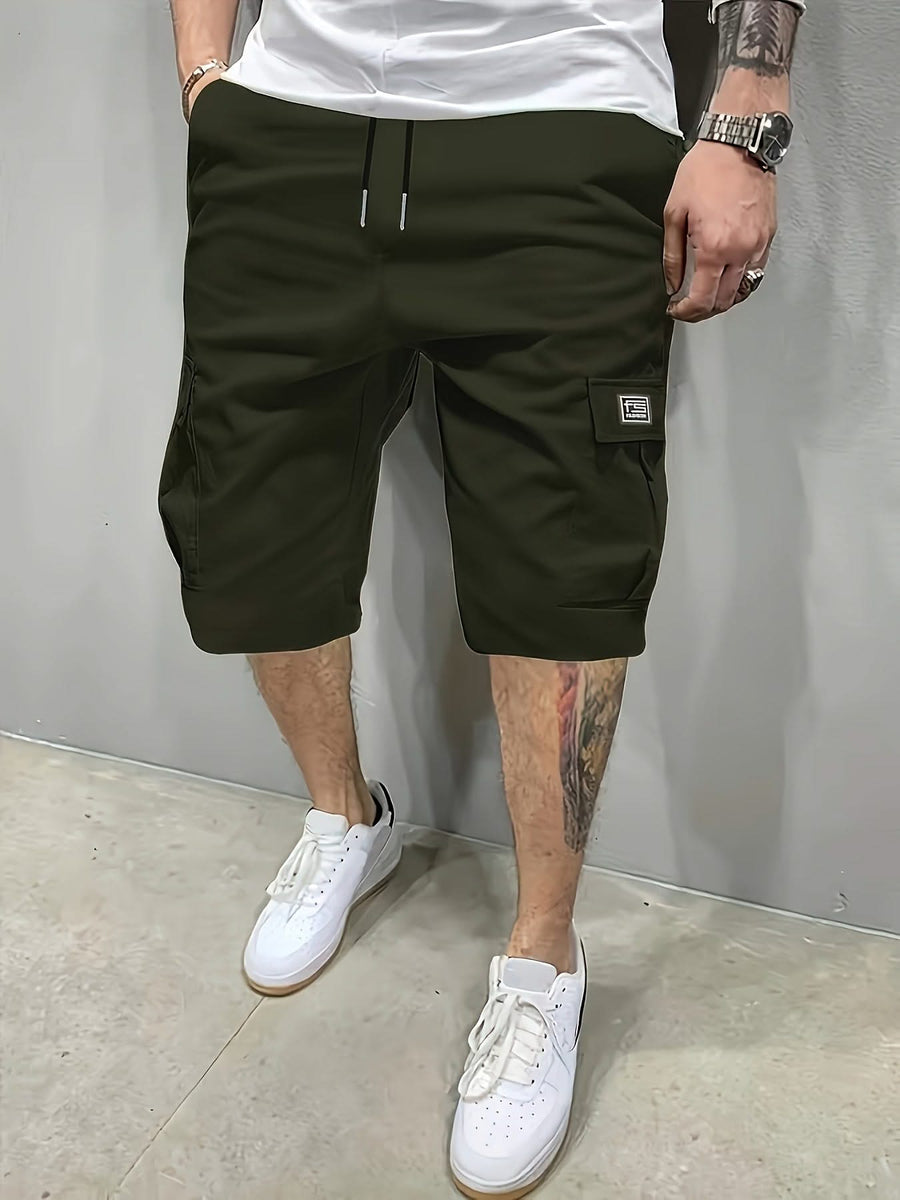 Army green utility shorts with drawstring waist and side cargo pockets