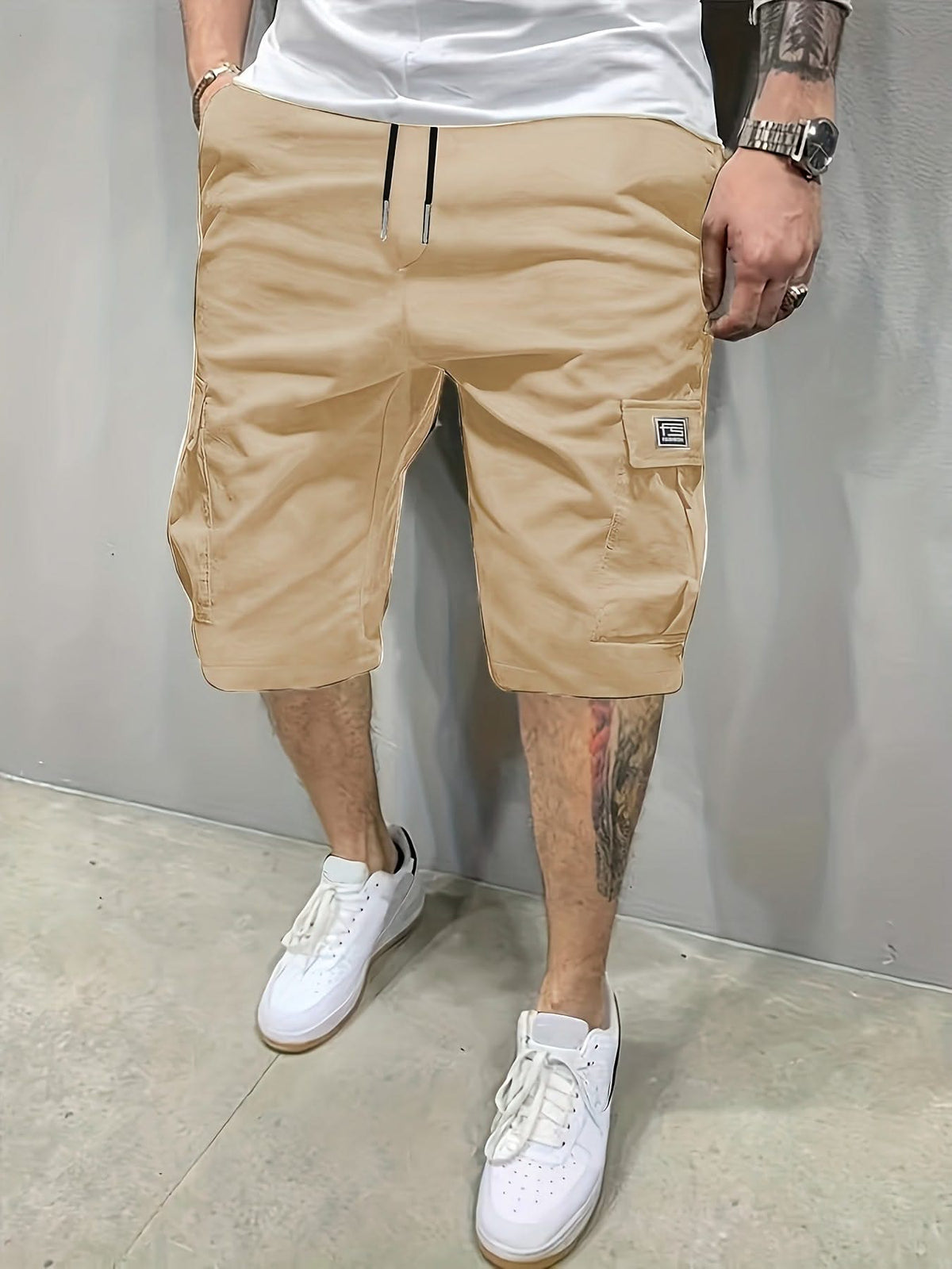 Ashford utility shorts, tan drawstring waist with side cargo pockets and stitched hem