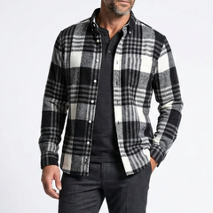 Men’s cotton flannel button-up shirt, black and white plaid, long sleeves.