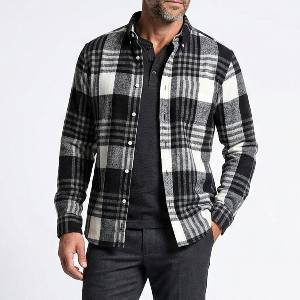 Men’s cotton flannel button-up shirt, black and white plaid, long sleeves.