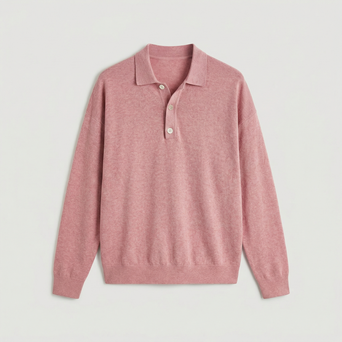 Pink wool polo sweater with long sleeves, 3-button placket, and ribbed hem