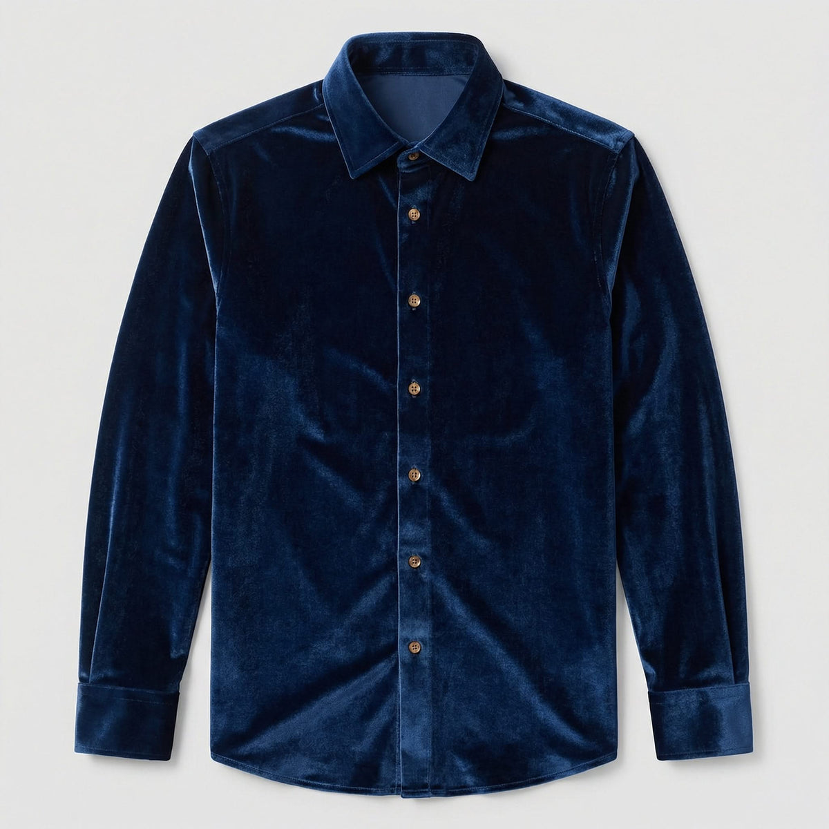 Navy velvet button-up shirt, long sleeves, pointed collar, front view.