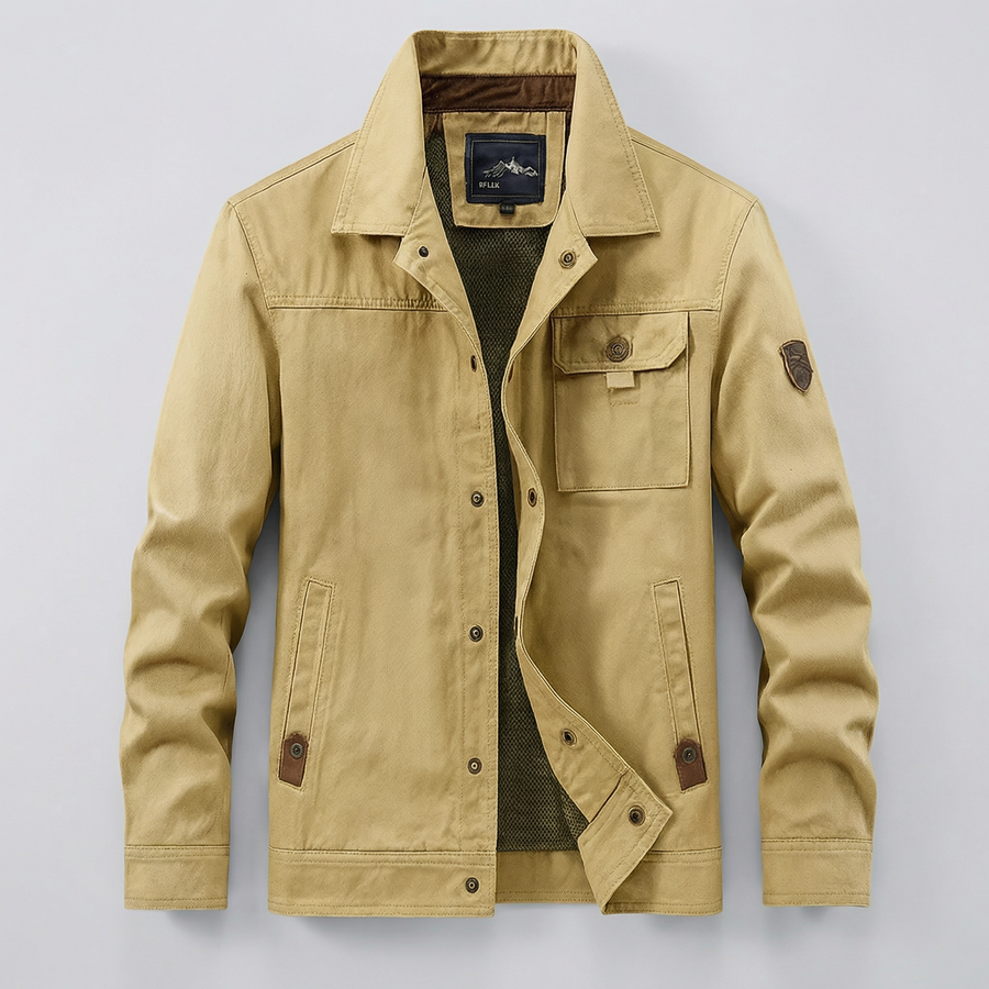Beige utility jacket with button front, flap pockets, and inner hood lining