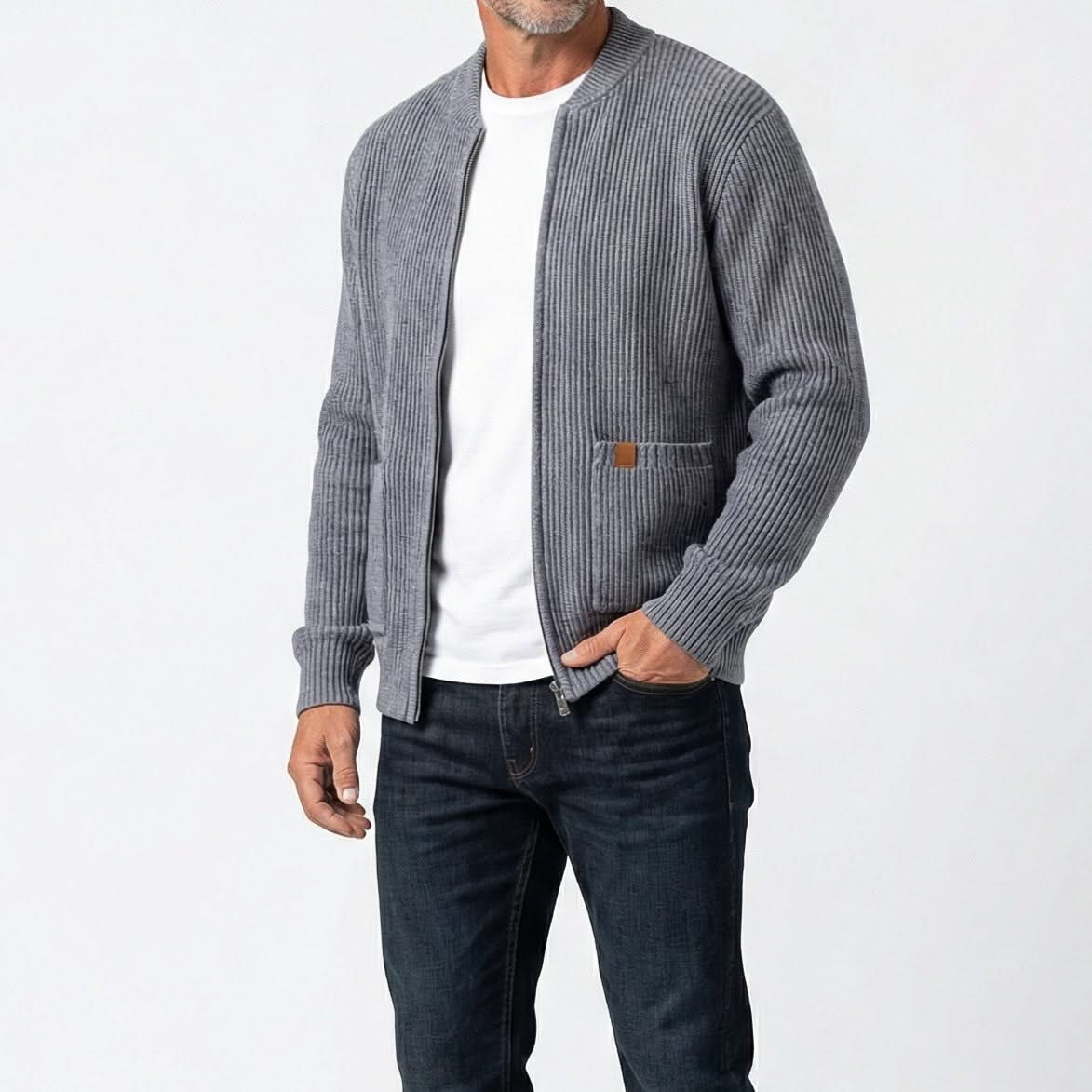 Grey rib knit zip-up jacket on model with stand collar and front pocket